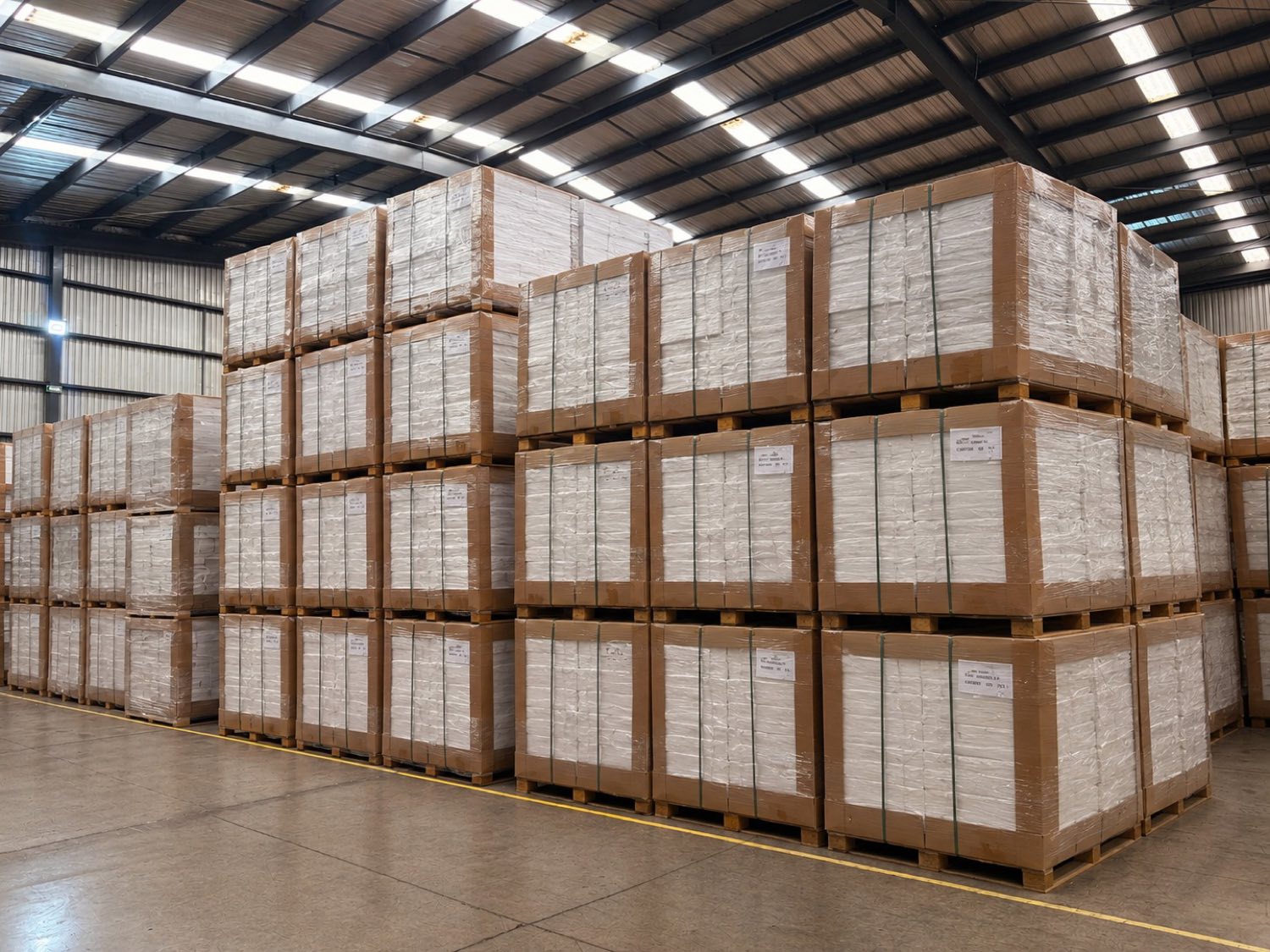Almacén de Mely Packaging con miles de cajas de empaque agrícola estibadas en tarimas, listas para exportación