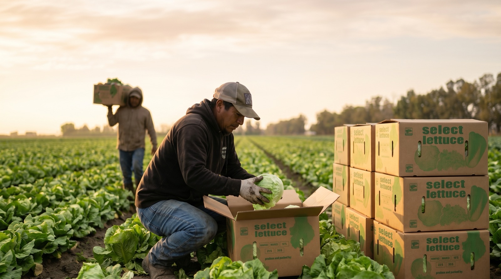 Trabajadores en un campo de lechuga al amanecer empacando y cargando cajas 'select lettuce' de Mely Packaging para exportación