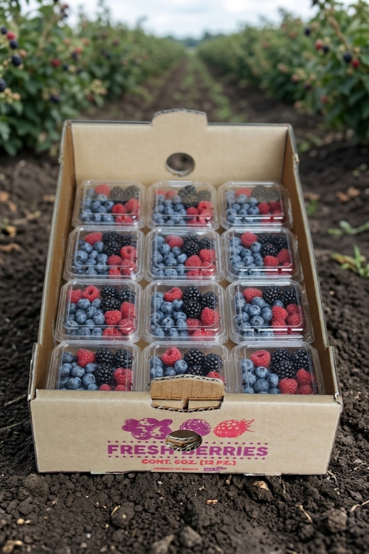 Clamshells de berries en caja Mely Packaging en campo
