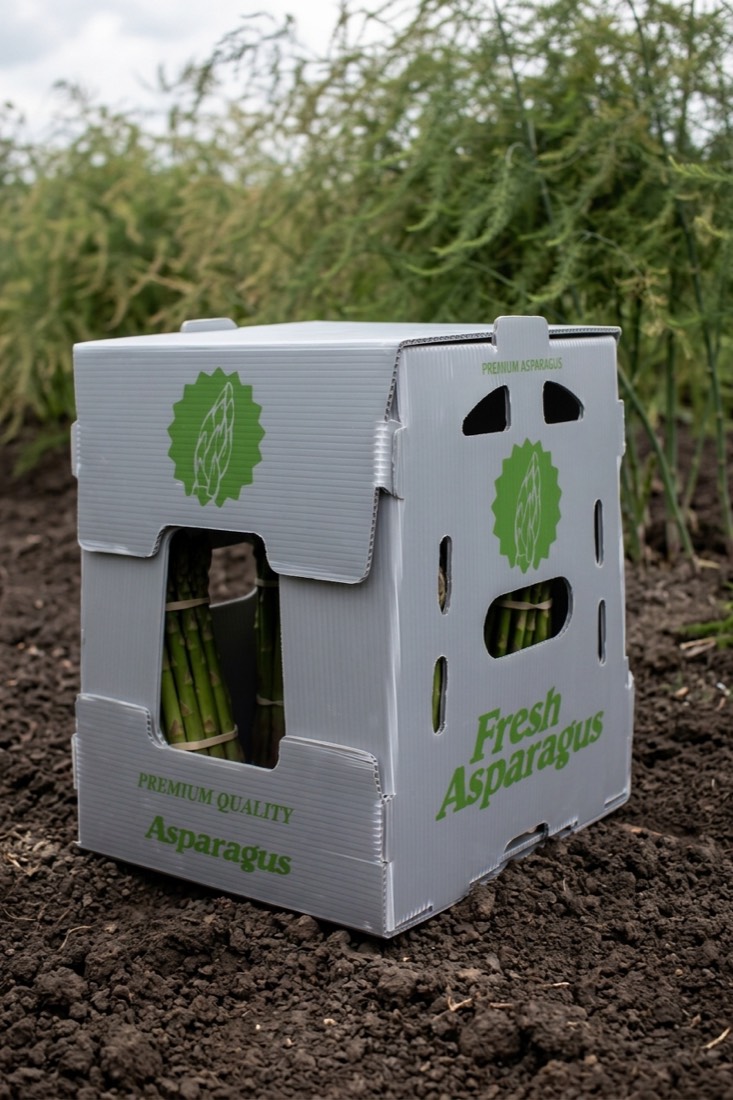 Caja Mely Packaging con espárrago en campo
